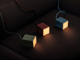Lamp 1 with Square 1 in Oak Green, Mulberry Red and Shark Blue.