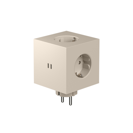 AVOLT Square 2 USB-C charger in a minimalist cubic design with three power outlets and two USB-C ports, matte light beige.