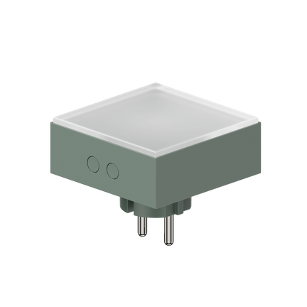 Square AVOLT Lamp 1 plug-in lamp with frosted top diffuser, green body, two side buttons and EU two‑pin plug.