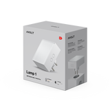 Retail packaging for Lamp 1 LED socket lamp (EU plug), AVOLT branded gray box showing product image