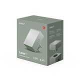 Retail packaging for Lamp 1, AVOLT LED Socket Lamp, Oak Green, EU plug, product image and spec icons on green box