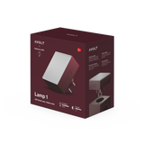 Retail packaging for Lamp 1, mulberry-red LED socket lamp with EU plug illustration and AVOLT branding
