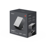 Retail packaging for Lamp 1 by AVOLT — LED socket lamp, Stockholm Black; EU plug pictured on dark grey box