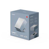 Detailpakning for Lamp 1… AVOLT LED-fatningslampe, kasse i Shark Blue med produktrender, stik- og funktionsikoner