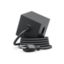 AVOLT Square 1 (CH) – schwarze, würfelförmige Mehrfachsteckdose, aufgewickeltes Stromkabel und Stecker mit zwei schnellen USB‑C‑Ports.