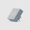 Video: AVOLT Lamp 1 (EU) — blue-grey angled cube lamp with frosted front, two side buttons and EU plug.